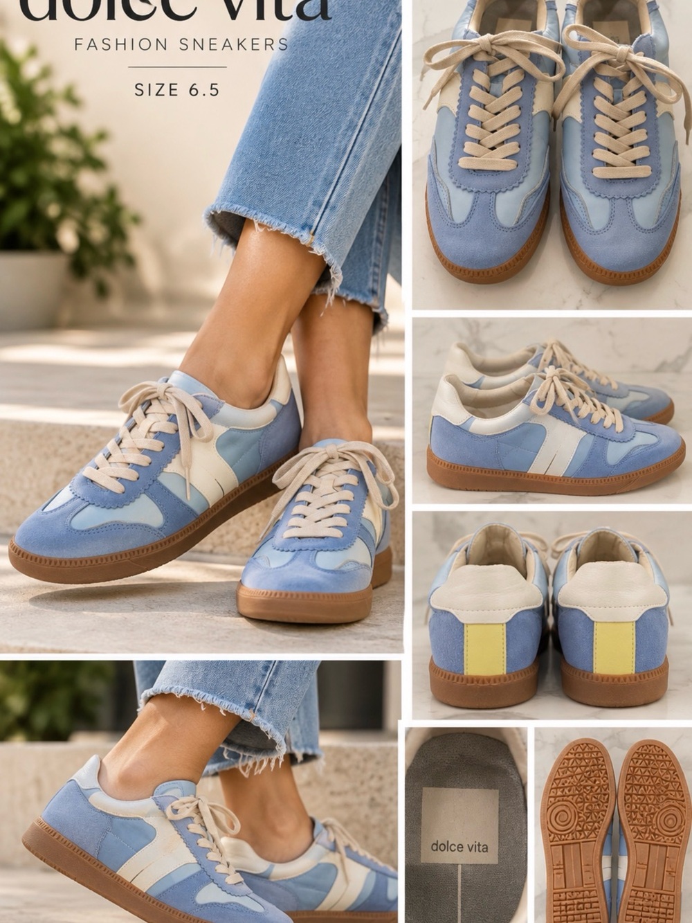 Dolce Vita Light Blue & Cream Sneakers with Tan Gum Sole